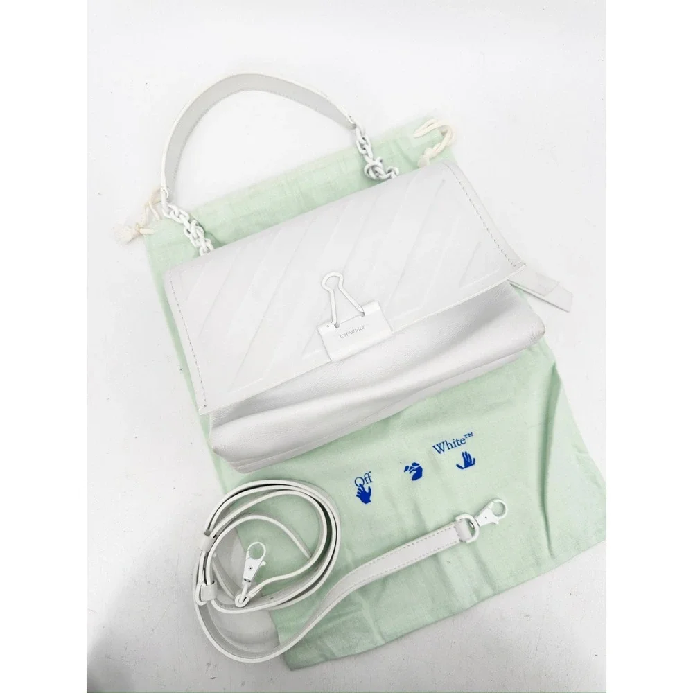 Off White White Leather Embossed Diagonal Stripe Soft‎ Binder Clip Shoulder Bag